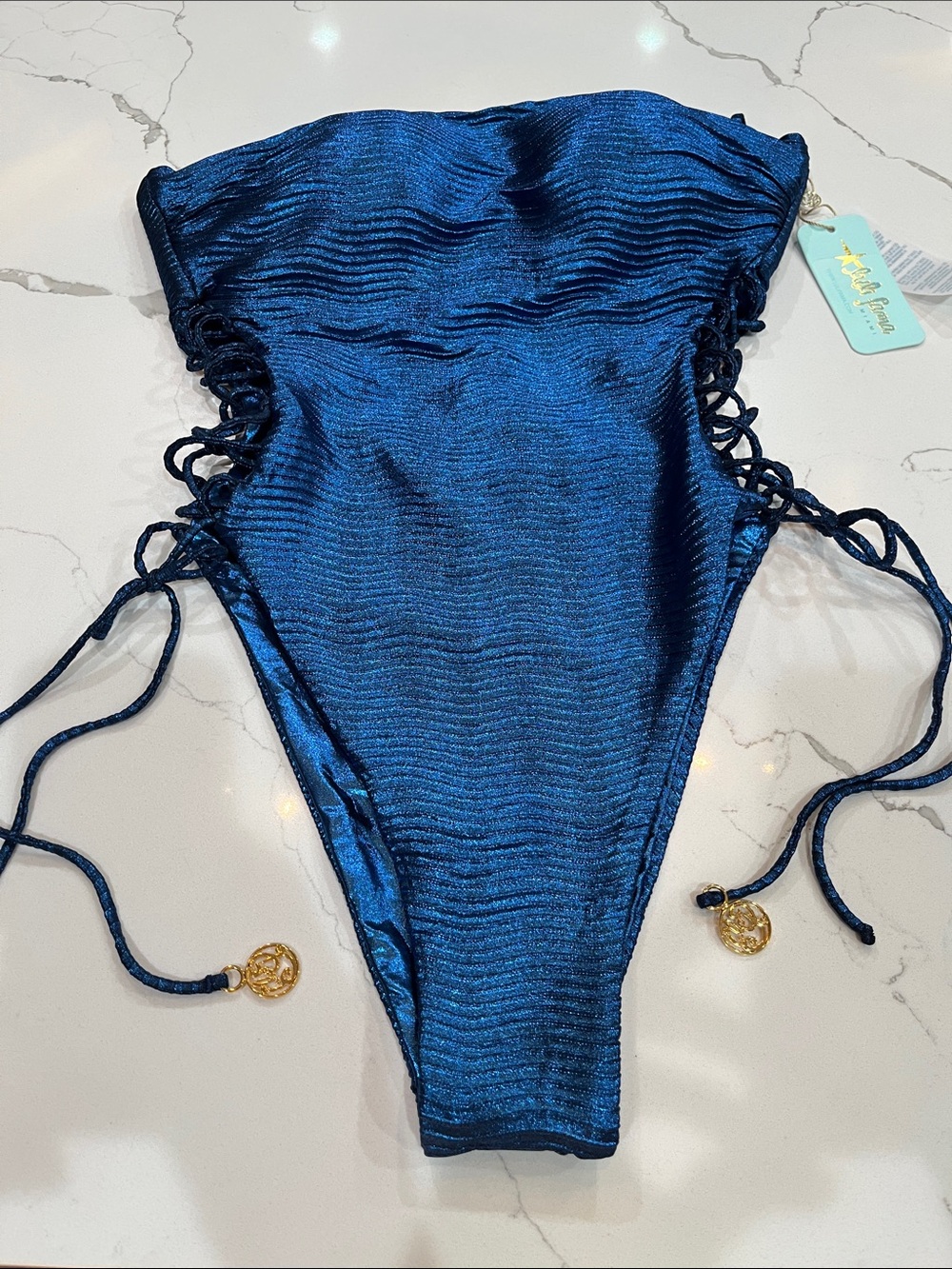 Blue metallic Lace-Up High-Cut bathing suit